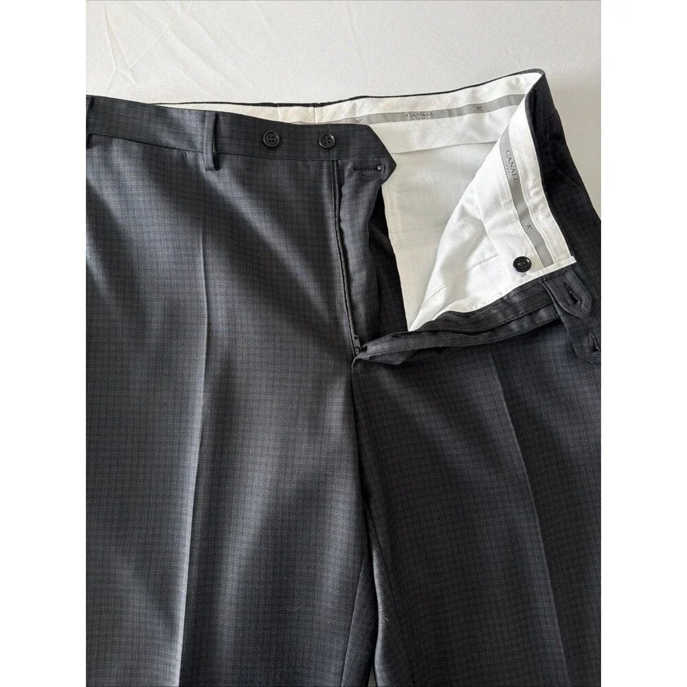 Canali Mens 35x32 IT 52 100% Wool Dress Pants Gray Check Flat Front Made N Italy - Picture 6 of 16